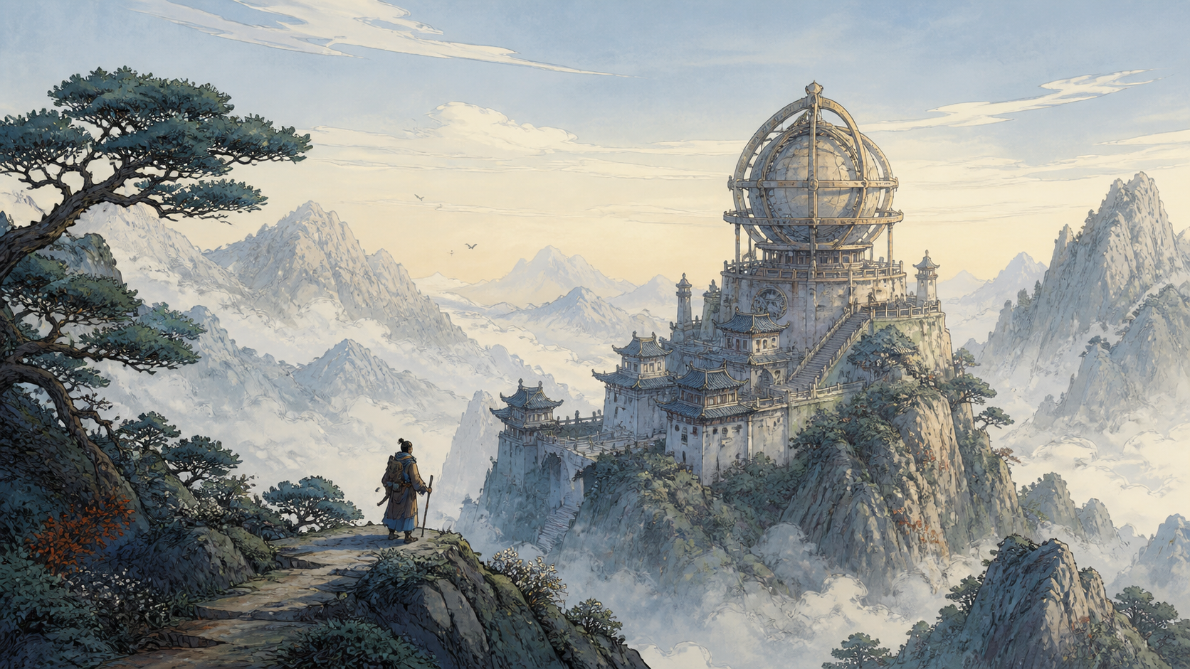 高分辨率二维手绘示例:旅行者走向山顶观星遗迹