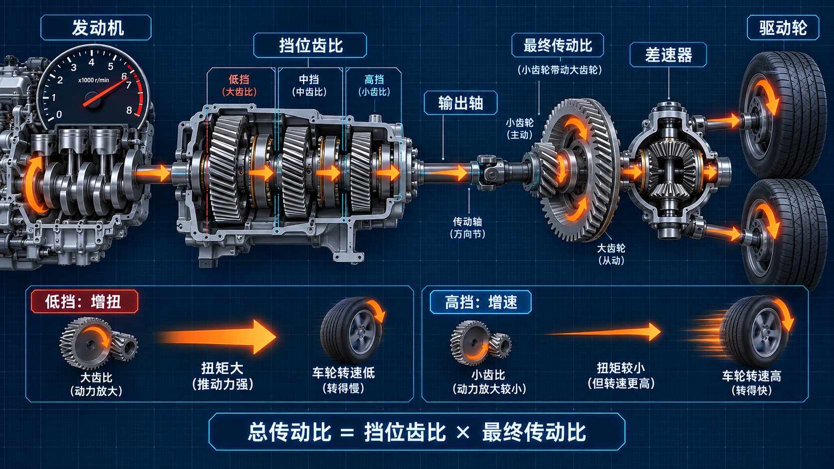 发动机经过挡位齿比、最终传动比和差速器驱动车轮