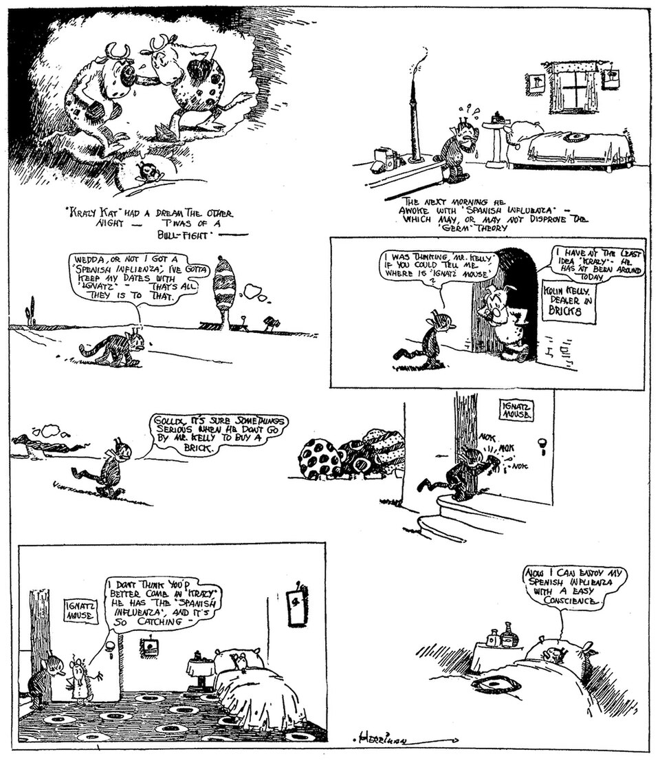 George Herriman《疯狂猫》(Krazy Kat) 1918 年黑白条漫 —— 用线条疏密与装饰性边框制造画面层次（公有领域，来源 Wikimedia Commons）