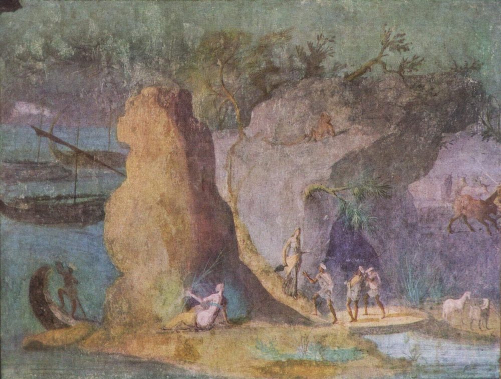 罗马《奥德赛风景》壁画：左侧远处水面与淡化的岸线，中央是清晰的巨大岩体